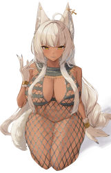 Rule 34 | 1girl, absurdres, animal ears, bare arms, blonde hair, bodysuit, breasts, cleavage, commission, dark skin, ear piercing, fishnet bodysuit, fishnets, fox ears, fox girl, fox tail, gloves, highres, jewelry, kataku musou, large breasts, light blush, lipstick, long hair, looking at viewer, makeup, navel, original, piercing, seiza, sidelocks, simple background, sitting, skeb commission, smile, solo, tail, tan, thighs, venus symbol, very long hair, white background, yellow eyes, yellow tail