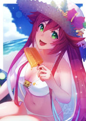 Rule 34 | 1girl, bare shoulders, bikini, blue sky, breasts, cloud, cloudy sky, commentary request, day, flower, food, green eyes, guilty gear, guilty gear strive, hat, hibiscus, highres, holding, holding food, jack-o&#039; valentine, light particles, long hair, looking at viewer, medium breasts, multicolored hair, navel, ocean, open mouth, outdoors, popsicle, red hair, shiny skin, signature, simple background, sky, smile, stomach, straw hat, suesuguru, sunlight, swimsuit, thighs, two-tone hair, water, white bikini, white hair