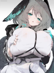 Rule 34 | 1girl, alternate breast size, aqua eyes, arknights, blush, breasts, breasts squeezed together, collar, dress, fingerless gloves, gloves, grey hair, head wings, ho&#039;olheyak (arknights), hood, hood down, huge breasts, impossible clothes, impossible dress, infection monitor (arknights), long hair, long sleeves, looking at viewer, open mouth, scales, simple background, solo, tail, twitter username, unitedunti, white background, white dress, white gloves, wings