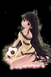 Rule 34 | 1girl, amaranth (soccer spirits), ball, bare shoulders, barefoot, black background, black eyes, black hair, breasts, cleavage, full body, highres, holding, holding ball, long hair, looking at viewer, official art, petals, simple background, sitting, small breasts, soccer ball, soccer spirits, solo, very long hair