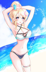 Rule 34 | 1girl, :p, arms up, ayase eli, bad id, bad pixiv id, bikini, blonde hair, blue eyes, blush, breasts, highres, large breasts, lichi (elielielichi 10), looking at viewer, love live!, love live! school idol project, ponytail, sidelocks, smile, solo, swimsuit, tongue, tongue out, white bikini