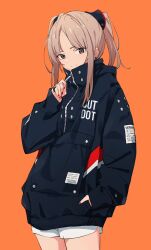 Rule 34 | 1girl, blue jacket, brown eyes, brown hair, earrings, hair ornament, hand in pocket, highres, jacket, jewelry, long sleeves, looking at viewer, orange background, original, popman3580, red nails, shorts, smile, solo, white shorts, zipping