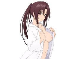 Rule 34 | 10s, 1girl, blush, body blush, breasts, brown eyes, brown hair, collarbone, female focus, hair between eyes, highres, kujou rin, long hair, looking at viewer, naked shirt, navel, nipples, open clothes, open mouth, open shirt, ponytail, shiny skin, shirt, simple background, solo, to love-ru, to love-ru darkness, upper body, vector trace, wet, white background, white shirt, wide sleeves