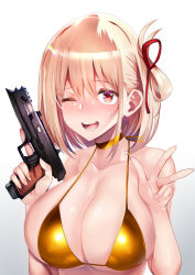 Rule 34 | 1girl, :d, alternate breast size, bikini, blonde hair, breasts, choker, cleavage, gun, hair ribbon, handgun, hands up, highres, holding, holding gun, holding weapon, large breasts, lycoris recoil, m1911, nishikigi chisato, one eye closed, one side up, open mouth, orange eyes, red ribbon, ribbon, short hair, silly (marinkomoe), smile, solo, swimsuit, tongue, tongue out, trigger discipline, upper body, w, weapon, yellow bikini