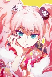 Rule 34 | 1girl, bear hair ornament, commentary request, danganronpa: trigger happy havoc, danganronpa (series), earrings, enoshima junko, floral print, hair ornament, hand on own face, hands up, highres, japanese clothes, jewelry, kimono, long hair, long sleeves, looking at viewer, nail polish, outline, parted lips, red kimono, red nails, solo, teeth, tetose, twintails, upper body, white outline, yellow background