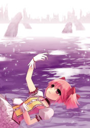 Rule 34 | 10s, 1girl, bad id, bad pixiv id, bubble skirt, city, gloves, kaname madoka, lying, magical girl, mahou shoujo madoka magica, mahou shoujo madoka magica (anime), mizuno yun, on back, pink eyes, pink hair, ruins, short hair, skirt, solo, twintails, water, white gloves