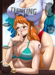 Rule 34 | 2girls, absurdres, beach, bikini, blue bikini, bracelet, breast rest, breasts, breasts on head, cleavage, clothes writing, coconut, crop top, echo saber, english text, highres, huge breasts, jewelry, large breasts, multicolored hair, multiple girls, nami (one piece), one piece, orange hair, shirt, swimsuit, tattoo, white shirt, yamato (one piece)