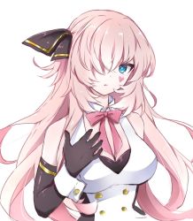 Rule 34 | 1girl, black bow, black gloves, blue eyes, bow, breasts, commentary, dress, elbow gloves, facial tattoo, gloves, hair bow, hair over one eye, hand on own chest, heart, kkr rkgk, long hair, looking at viewer, medium breasts, megurine luka, neck ribbon, one eye covered, parted lips, pink hair, pink ribbon, project diva (series), ribbon, solo, tattoo, temptation (module), upper body, vocaloid, white background, white dress, wrist straps