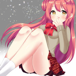 Rule 34 | 1girl, ass, blush, bow, breasts, brown eyes, brown sweater, commentary request, covered mouth, feet out of frame, hair bun, hand up, knees up, long hair, long sleeves, misaki (misaki86), original, plaid, plaid skirt, red bow, red hair, red skirt, side bun, single hair bun, single side bun, skirt, small breasts, socks, solo, sweater, very long hair, white socks