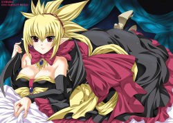 Rule 34 | 00s, 1girl, 2006, bare shoulders, bat wings, blonde hair, bow, breasts, cleavage, copyright name, detached sleeves, disgaea, dress, earrings, fantasy wind, high heels, jewelry, large breasts, lying, makai senki disgaea 2, nippon ichi, on stomach, pointy ears, red eyes, ring, rozalin, shinano yura, shoes, solo, strapless, strapless dress, wings, yellow bow