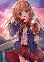 Rule 34 | 1girl, :d, backlighting, blue jacket, blush, bow, bowtie, brown hair, can, canned coffee, cloud, cloudy sky, collared shirt, commentary request, cowboy shot, drink can, fingernails, fujikura ryuune, green eyes, hair between eyes, hair ornament, hairclip, hand in own hair, head tilt, holding, holding can, jacket, long hair, long sleeves, looking at viewer, open mouth, original, outdoors, plaid, plaid bow, plaid bowtie, plaid neckwear, plaid skirt, pleated skirt, railing, red bow, red bowtie, red skirt, school uniform, shirt, skirt, sky, smile, solo, standing, steam, twilight, very long hair, white shirt