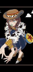 Rule 34 | 1girl, alien (toy story), animal print, bag, black background, blue eyes, blue nails, blue pants, braid, brown footwear, brown hair, closed mouth, cosplay, cow print, cowboy hat, cowgirl (western), earrings, full body, hat, high heels, highres, ichinose shiki, idolmaster, idolmaster cinderella girls, jessie the yodeling cowgirl, jessie the yodeling cowgirl (cosplay), jewelry, lips, long sleeves, multicolored nails, nail polish, pants, plaid, plaid shirt, shirt, shoulder bag, solo, squatting, toy story, twin braids, yellow nails, yellow shirt, yozudami