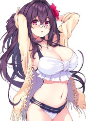 Rule 34 | 1girl, :o, arms behind head, arms up, bare shoulders, bikini, breasts, bunching hair, cleavage, collarbone, commentary request, cowboy shot, cu-no, flower, glasses, hair flower, hair intakes, hair ornament, halterneck, halterneck, hibiscus, hisen kaede, jacket, jewelry, kokonoe tamaki, large breasts, long hair, long sleeves, looking at viewer, navel, necklace, open clothes, open jacket, parted lips, pince-nez, pink eyes, purple hair, solo, stomach, swimsuit, thighs, very long hair, white bikini, yellow jacket
