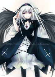 Rule 34 | 00s, 1girl, aisha callaaisha, asymmetrical clothes, black dress, black pantyhose, cowboy shot, cross-laced clothes, dress, juliet sleeves, long sleeves, looking at viewer, pale skin, pantyhose, pink eyes, puffy long sleeves, puffy sleeves, rozen maiden, short sleeves, silver hair, simple background, solo, standing, suigintou, white background