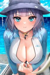 Rule 34 | 1girl, absurdres, aqua eyes, beach, blue archive, blue jacket, blue sky, blush, breasts, bucket hat, cleavage, closed mouth, collarbone, grey hair, grey hat, hat, highres, jacket, large breasts, leash, long sleeves, looking at viewer, multicolored clothes, multicolored jacket, ocean, partially unzipped, pout, rash guard, saki (blue archive), saki (swimsuit) (blue archive), short hair, sidelocks, sky, solo, translation request, two-tone jacket, wet, white jacket, yayoi maka, zipper, zipper pull tab