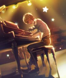 Rule 34 | 1boy, artist name, black footwear, black pants, blonde hair, closed mouth, collared shirt, dutch angle, full body, hair between eyes, indoors, instrument, light rays, long sleeves, male focus, music, orange eyes, pants, piano, piano bench, playing instrument, profile, project sekai, shadow, shirt, shoes, short hair, sidelocks, sitting, sleeves rolled up, smile, solo, stage, stage lights, star (symbol), tenma tsukasa, theater, theater seating, white shirt, yuhi (hssh 6)