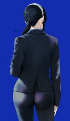 Rule 34 | 1girl, absurdres, ass, black jacket, black pants, blue background, cowboy shot, earrings, facing away, formal, from behind, gold earrings, hairband, highres, jacket, jewelry, mymzi, pants, ponytail, simple background, solo, spy x family, suit, white hairband, yor briar
