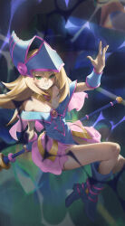 Rule 34 | 1girl, bare shoulders, blonde hair, blue footwear, blue hat, blush stickers, boots, breasts, cleavage, dark magician girl, duel monster, green eyes, hair between eyes, hat, highres, holding, holding wand, large breasts, long hair, pokoporoko, solo, wand, witch hat, yu-gi-oh!