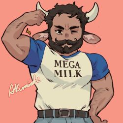 Rule 34 | 1boy, akumicke, animal ears, arm hair, bara, beard, belt, biceps, black eyes, blue sleeves, brown hair, clothes writing, cow boy, cow ears, cow horns, cowboy shot, dark-skinned male, dark skin, deformed, denim, english text, facial hair, flexing, hand on own hip, highres, horns, jeans, large pectorals, looking at another, male focus, mature male, mega milk, muscular, muscular male, mustache, original, pants, pectorals, pink background, shirt, shirt tucked in, short hair, solo, t-shirt, thick eyebrows, thick mustache, v-shaped eyebrows