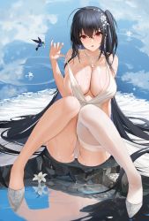 Rule 34 | 1girl, absurdres, afpl (parrotz4), ahoge, areola slip, azur lane, bare shoulders, bird, black hair, breasts, collarbone, crossed bangs, dress, earrings, flower, glint, hair flower, hair ornament, hand up, highres, hummingbird, jewelry, knees up, long hair, necklace, official alternate costume, one side up, parted lips, pulling own clothes, red lips, single thighhigh, sitting, solo, taihou (azur lane), taihou (temptation on the sea breeze) (azur lane), thighhighs, thighs, very long hair, wet, white dress, white flower, white thighhighs