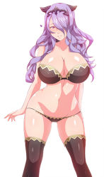 Rule 34 | 1girl, arms at sides, bad id, bad pixiv id, bikini, black bikini, black thighhighs, blue-senpai, blush, breasts, camilla (fire emblem), cleavage, collarbone, feet out of frame, fire emblem, fire emblem fates, gluteal fold, hair ornament, hair over one eye, heart, large breasts, legs apart, long hair, looking at viewer, navel, nintendo, parted lips, pink eyes, purple hair, shiny skin, simple background, solo, stomach, swimsuit, thighhighs, tiara, tsurime, wavy hair, white background