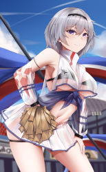 Rule 34 | 1girl, absurdres, armpits, azur lane, bare shoulders, black bra, black hairband, blue sky, blurry, blurry background, blush, bra, breasts, cheerleader, cloud, commentary, cowboy shot, crop top, crop top overhang, day, eagle union (emblem), flag, grey hair, groin, hair between eyes, hairband, hand on own thigh, highres, holding, holding pom poms, large breasts, looking at viewer, midriff, navel, parted hair, pom pom (cheerleading), pom poms, purple eyes, purple sash, reno (azur lane), reno (biggest little cheerleader) (azur lane), sash, see-through, see-through skirt, see-through sleeves, shirt, short hair, sidelocks, skindentation, skirt, sky, sleeveless, smile, solo, stadium, standing, suzishi ovo, underboob, underwear