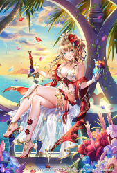 Rule 34 | 1girl, ass, bikini, blonde hair, blue eyes, breasts, cleavage, cloud, crossed legs, fate (series), feet, flower, hair flower, hair ornament, highres, holding, holding sword, holding weapon, large breasts, long hair, looking at viewer, messy hair, midriff, nemusuke, ocean, official art, open mouth, palm tree, petals, ponytail, protagonist (romancing saga 2), ribbon, romancing saga 2, romancing saga re;universe, saga, sandals, sitting, smile, solo, swimsuit, sword, the final empress, thighs, thong bikini, tree, tropical drink, tropical summer (fate), watermark, weapon
