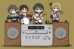 Rule 34 | 4girls, :d, band, black hair, blonde hair, brown hair, cd player, drum, drum set, electric guitar, green hair, guitar, highres, instrument, keyboard (instrument), kishimen udn, long hair, microphone, mini person, minigirl, multiple girls, music, open mouth, original, playing instrument, side ponytail, simple background, smile, speaker, stereo, twintails