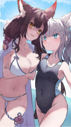 Rule 34 | 2girls, animal ear fluff, animal ears, asymmetrical bangs, asymmetrical docking, bikini, black hair, black one-piece swimsuit, blue archive, blue eyes, blunt ends, breast envy, breast press, breasts, clothes on shoulders, colored inner hair, competition swimsuit, covered navel, cowboy shot, cross hair ornament, crossed arms, elxion, extra ears, fox ears, grey hair, hair ornament, halo, highres, large breasts, low ponytail, medium hair, mismatched pupils, multicolored clothes, multicolored hair, multicolored swimsuit, multiple girls, one-piece swimsuit, red hair, robe, shiroko (blue archive), shiroko (swimsuit) (blue archive), small breasts, string bikini, swimsuit, two-tone hair, wakamo (blue archive), wakamo (swimsuit) (blue archive), white bikini, white robe, yellow eyes