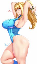 Rule 34 | 1girl, anisdrawn, armpits, arms up, blonde hair, blue eyes, breasts, hair ornament, hair tie, high ponytail, highres, large breasts, lips, long hair, metroid, mole, mole under mouth, nintendo, one-piece swimsuit, pink lips, samus aran, sideboob, sidelocks, signature, simple background, solo, swimsuit, thick thighs, thighs