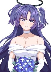 1girl black_halo blue_archive blue_eyes blush bouquet breasts bride choker cleavage closed_mouth collarbone commentary curtained_hair dot_nose double_bun dress english_commentary flower gloves hair_bun hair_ribbon halo holding holding_bouquet large_breasts long_hair looking_at_viewer mqpixels off-shoulder_dress off_shoulder pixel_art purple_hair red_pupils ribbon smile solo upper_body wedding wedding_dress white_background white_choker white_dress white_gloves white_ribbon yuuka_(blue_archive)