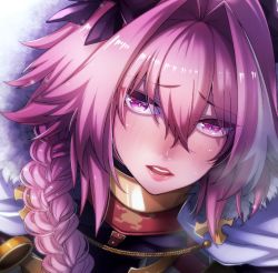 Rule 34 | 1boy, astolfo (fate), blush, braid, cape, commentary request, fate/apocrypha, fate/grand order, fate (series), fur trim, hair intakes, long braid, looking at viewer, male focus, multicolored hair, ohara hiroki, parted lips, pink hair, purple eyes, single braid, solo, streaked hair, trap