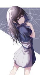Rule 34 | 1girl, belt, black hair, blue belt, blue dress, closed mouth, collared shirt, commentary request, dande cat, dress, from behind, grey dress, highres, inoue takina, long hair, looking at viewer, looking back, lycoris recoil, lycoris uniform, pleated dress, purple eyes, school uniform, shirt, short hair, solo, standing, two-tone dress, white shirt