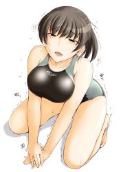 Rule 34 | 1girl, amagami, bad id, bad pixiv id, barefoot, black eyes, black hair, blush, breasts, competition swimsuit, from above, highres, kneeling, large breasts, long hair, looking at viewer, looking up, one-piece swimsuit, open mouth, ponytail, sasaki akira (ugc), seiza, sitting, smile, solo, sweat, swimsuit, trembling, tsukahara hibiki, v arms