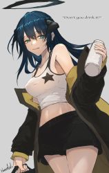 Rule 34 | 1girl, absurdres, arknights, bare shoulders, black jacket, black shorts, blue eyes, blue hair, breasts, camisole, cowboy shot, crop top, halo, hetare galm sue, highres, holding, horns, jacket, large breasts, long hair, long sleeves, looking at viewer, midriff, mostima (arknights), navel, off shoulder, official alternate costume, open clothes, open jacket, short shorts, shorts, solo, spaghetti strap, standing, star (symbol), star print, stomach