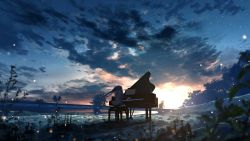 Rule 34 | 1girl, adsuger, backlighting, black skirt, blue hair, blurry, bridge, cloud, cloudy sky, commentary request, depth of field, facing away, floating hair, forest, grass, grey shirt, hatsune miku, highres, horizon, instrument, landscape, leaf, light particles, light rays, long hair, music, nature, outdoors, piano, piano bench, plant, playing instrument, rock, shadow, sheet music, shirt, sitting, skirt, sky, solo, star (sky), starry sky, sun, sunlight, sunset, tree, twintails, vocaloid, wide shot