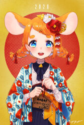 Rule 34 | + +, 1girl, 2020, animal ears, blue eyes, blush, braid, brooch, earrings, ema, hair ornament, hairclip, haori, highres, holding, indie virtual youtuber, japanese clothes, jewelry, kanzashi, long sleeves, looking at viewer, mouse ears, mouse girl, nail polish, naname (7name), neck ribbon, new year, open mouth, original, ribbon, smile, solo, thick eyebrows, translation request, twin braids, virtual youtuber, yellow background