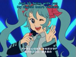 Rule 34 | 1970s (style), 1girl, ;d, blue background, blue eyes, blue hair, blue necktie, bow, detached sleeves, fake screenshot, hair between eyes, hair bow, hatsune miku, holding, holding microphone, jpeg artifacts, microphone, necktie, oldschool, one eye closed, open mouth, pink bow, retro artstyle, smile, solo, tomatomagica, twintails, upper body, vocaloid