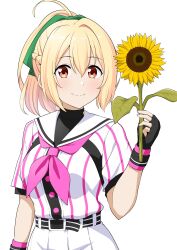 1girl ahoge barkhorn0331 baseball_uniform belt belt_buckle black_belt black_gloves black_undershirt blonde_hair bow brown_eyes buckle cinderella_series closed_mouth cowboy_shot fingerless_gloves flower gloves green_bow hachigatsu_no_cinderella_nine hair_bow high_ponytail highres holding holding_flower looking_at_viewer neckerchief pink_neckerchief pleated_skirt sailor_collar satogahama_baseball_uniform shirt shirt_under_shirt short_sleeves simple_background skirt smile solo sportswear standing striped_belt striped_clothes striped_shirt sunflower takanashi_yuzu vertical-striped_clothes vertical-striped_shirt white_background white_sailor_collar wristband