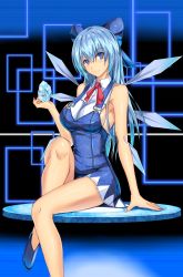 Rule 34 | 1girl, absurdres, adapted costume, arm at side, armpits, bare legs, bare shoulders, blue bow, blue footwear, blush, bow, breasts, cirno, closed mouth, collared shirt, detached wings, eyebrows, hair bow, head tilt, highres, ice, ice wings, leg up, luna (gunfire), medium breasts, musical note, no legwear, aged up, overalls, quaver, red ribbon, ribbon, shirt, shoes, sideboob, sitting, sleeveless, sleeveless shirt, smile, solo, sparkle, touhou, white shirt, wing collar, wings