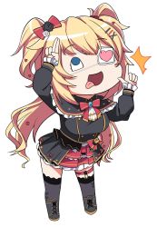 Rule 34 | +tic nee-san, 1girl, akai haato, blonde hair, blue eyes, boots, bow, bowtie, cameo, chibi, commentary request, eyepatch, finger gun, haaton (akai haato), hair bow, hair ornament, hairclip, heart, heart hair ornament, highres, hololive, konnyaku (kk-monmon), long hair, medical eyepatch, one eye covered, open mouth, parody, salute, simple background, solo, thigh strap, thighhighs, tongue, tongue out, two-finger salute, virtual youtuber, white background