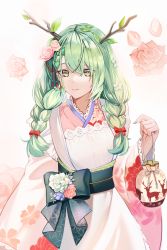 Rule 34 | 1girl, anizi, antlers, braid, braided bangs, ceres fauna, ceres fauna (new year), flower, green hair, hair flower, hair ornament, highres, hololive, hololive english, horns, japanese clothes, kimono, long hair, looking at viewer, ribbon, simple background, smile, solo, twintails, virtual youtuber, white background, yellow eyes