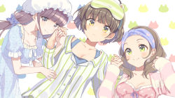 Rule 34 | 3girls, arai minamo, blue bow, blue dress, blunt bangs, bow, breasts, brown eyes, brown hair, cleavage, dress, end card, frown, girl sandwich, green eyes, hair bow, hair ornament, hair scrunchie, hat, highres, himote house, himote kinami, himote kokoro, holding hands, long sleeves, mask, mask on head, medium breasts, mob cap, multiple girls, official art, pajamas, pink pajamas, sandwiched, scrunchie, shigure ui, short hair, short sleeves, simple background, sleep mask, small breasts, smile, striped, upper body, vertical stripes, white background