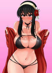 Rule 34 | 1girl, absurdres, bare shoulders, bikini, black bikini, black hair, blush, breasts, choker, closed mouth, cloud, collarbone, commentary, cowboy shot, day, hair between eyes, hairband, highres, looking at viewer, navel, ocean, open clothes, outdoors, pink background, raised eyebrows, red eyes, short hair with long locks, skindentation, sleeves past fingers, sleeves past wrists, solo, spy x family, swimsuit, tan, tanline, the only shoe, un tan, water, wide hips, yor briar