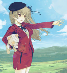 Rule 34 | 1girl, bandages, beret, black hat, black ribbon, blue sky, boko (girls und panzer), brown eyes, cloud, cloudy sky, cosplay, day, formal, frown, girls und panzer, hair ribbon, hat, holding, holding stuffed toy, jacket, lens flare, light brown hair, long hair, long sleeves, looking to the side, miniskirt, neck ribbon, one side up, open mouth, outdoors, outstretched arm, pencil skirt, red jacket, red skirt, ribbon, shimada arisu, shimada chiyo, shimada chiyo (cosplay), skirt, skirt suit, sky, solo, standing, stuffed animal, stuffed toy, suit, teddy bear, wind, yurikuta tsukumi