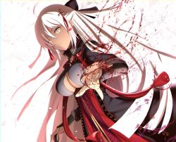 Rule 34 | 1girl, black bow, blood, bow, breasts, cleavage, dark-skinned female, dark skin, dutch angle, fate/grand order, fate (series), hair bow, hand on hilt, highres, large breasts, long hair, looking at viewer, majin saber, okita souji, okita souji (fate), okita souji (koha-ace), okita souji alter (fate), parted lips, solo, white hair, yellow eyes