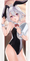 Rule 34 | 1girl, absurdres, ahoge, animal ears, bare shoulders, black leotard, bow, bowtie, breasts, detached collar, elf, fake animal ears, grey hair, highres, kokkoro (princess connect!), leotard, mogu9 9, open mouth, pink eyes, playboy bunny, pointy ears, princess connect!, rabbit ears, short hair, small breasts, solo, strapless, strapless leotard, thighs, tray, wrist cuffs