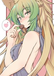 Rule 34 | 1girl, animal ears, atalanta (fate), backless dress, backless outfit, blue sweater, blush, breasts, brown hair, candy, chocolate, chocolate heart, dress, fate/apocrypha, fate (series), food, green hair, hand up, heart, heart-shaped pupils, long hair, looking at viewer, medium breasts, meme attire, multicolored hair, nahu, naked sweater, solo, spoken heart, sweater, symbol-shaped pupils, two-tone hair, valentine, virgin killer sweater