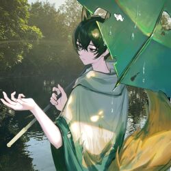 Rule 34 | 1boy, animal ears, black eyes, black hair, closed mouth, coat, e.g.o (project moon), forest, fox boy, fox ears, fox tail, highres, holding, holding umbrella, hood, hood down, hooded coat, lake, limbus company, liyln02617464, looking to the side, male focus, nature, outdoors, photo background, project moon, solo, tail, tree, umbrella, white coat, white raincoat, yi sang (project moon)