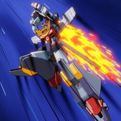 Rule 34 | blue background, fire, flaming sword, flaming weapon, highres, holding, holding weapon, jumping, mecha, mecha request, motion lines, no humans, robot, roko (project 1104), weapon, yuusha keisatsu j-decker, yuusha series